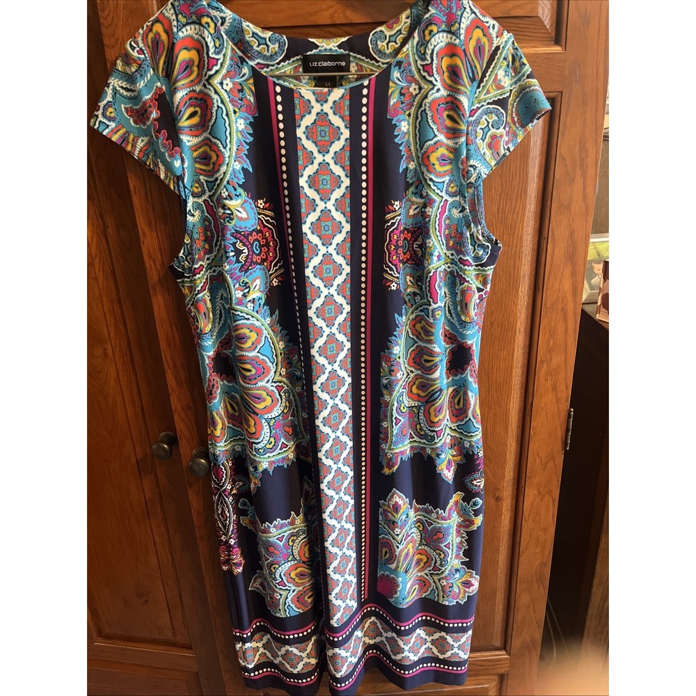 Liz Claiborne's Size 14 Multicolor Cap‎ Sleeve Stretch Knee Length